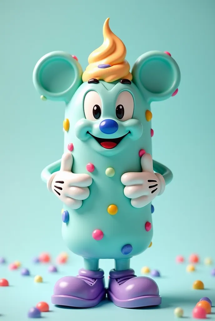 A mint blue ice cream roll bottle with Mickey Mouse hands and colored chocolate chips on its body, black pants and purple shoes.