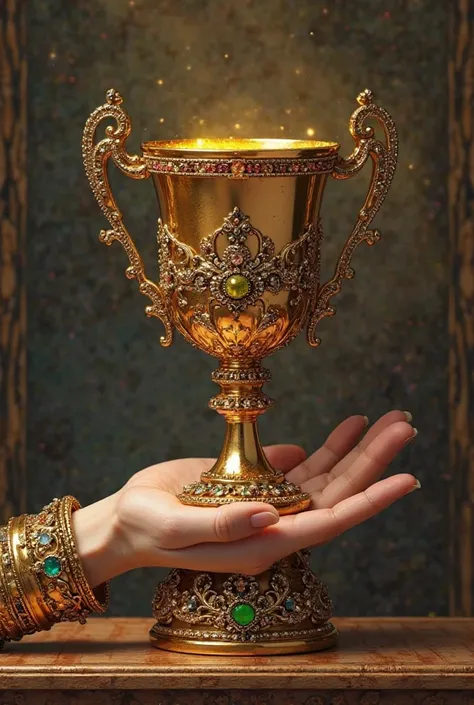 A cup filled with a golden liquid, on a table of achievements supported by a white-skinned human shoulder adorned with jewels. (Hand only)