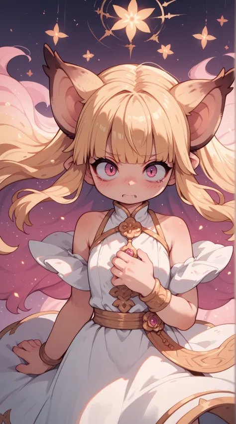 1人の女の子（とても幼い）、full body、,blonde hair,long hair,low-tied hair,blunt bangs,pink eyes,  constricted pupils,vietnamese dress, pain,bat ears, multicolored eyes