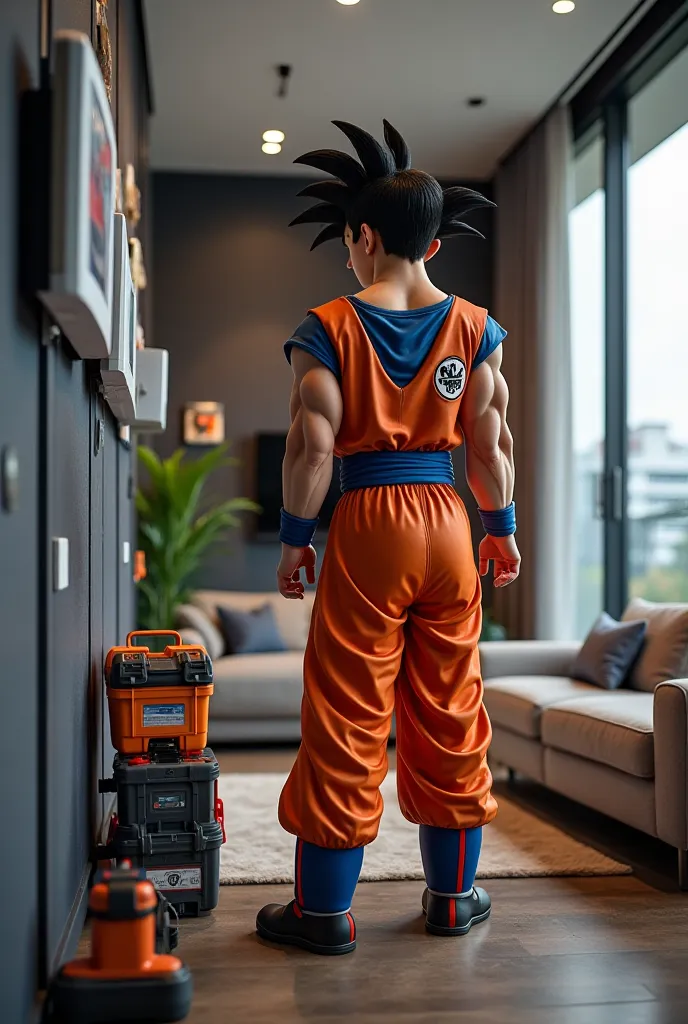 GOKU WORKING INSTALLING SECURITY CAMERAS IN AN APARTMENT ,GOKU WITH A WORK JACKET ON THAT THIS IS THE HIKVISION LOGO.  AND THAT IT HAS A TOOLBOX. 