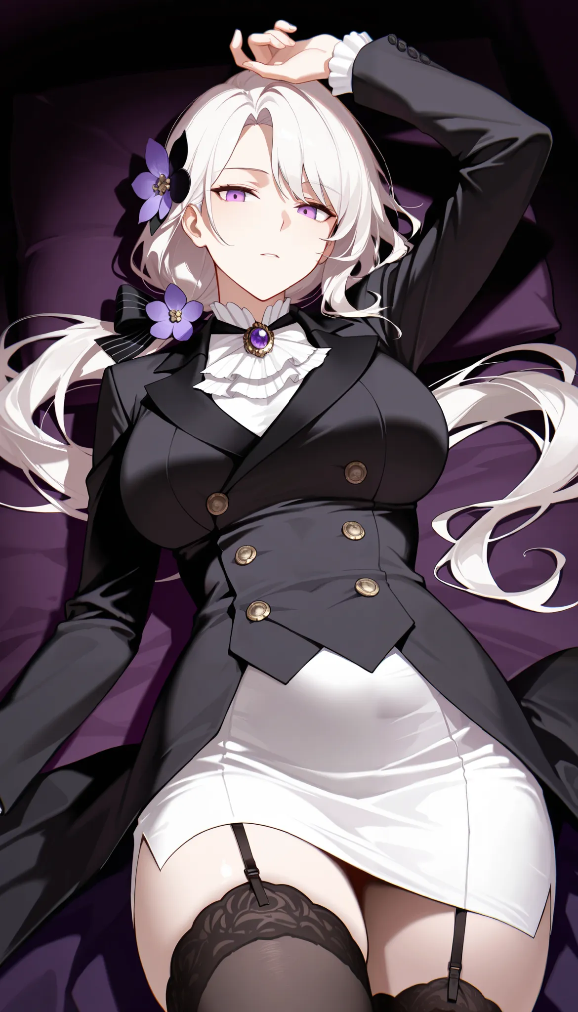 best quality, masterpiece, absurdres, 1girl, solo, (large_breasts:1.2), purple_eyes, (white_hair:1.0), hair_ornaments, tall, long_hair, white skirt, black_coat, double_breasted, ascot, brooch, long_sleeves, purple flowers hair ornament, (low_ponytail:1.0),...