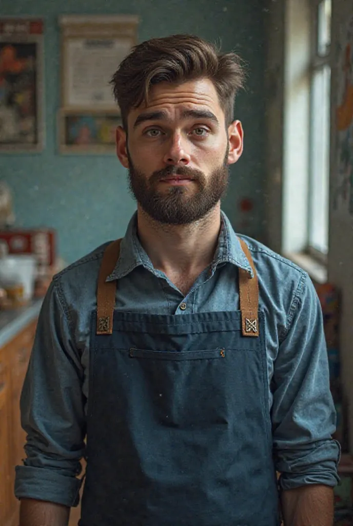 High school student with dark blue apron and beard