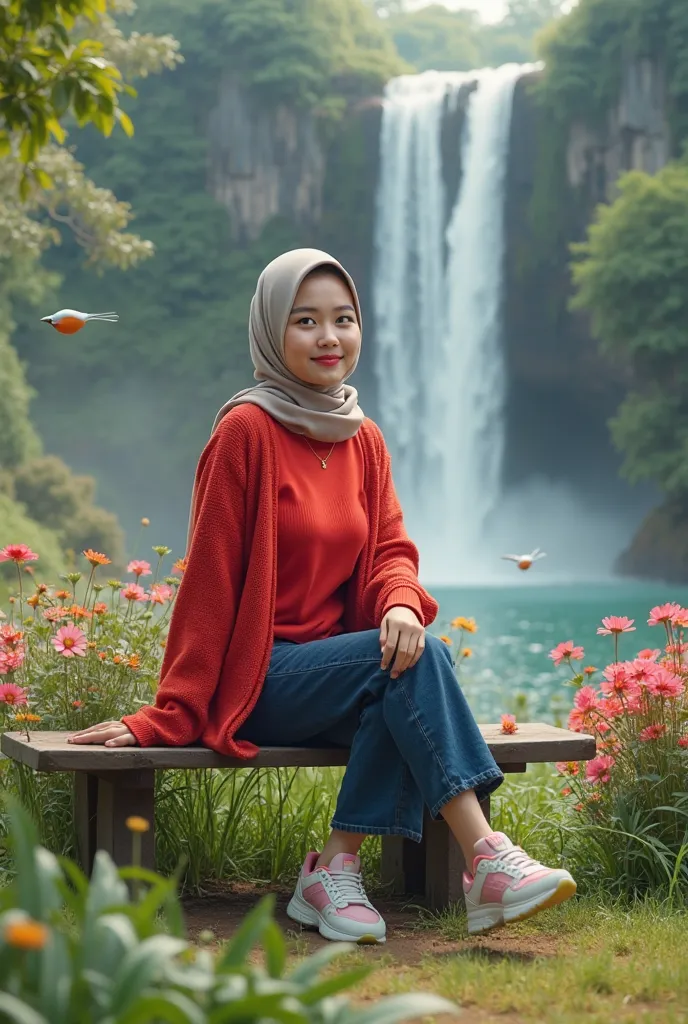 Casual photo of a beautiful Thai woman in hijab wearing a bright red top and sweater wearing blue navy jeans wearing sporty shoes sitting on a bench against a background decoration view of a waterfall flowing into the river Beautiful on its side there is a...