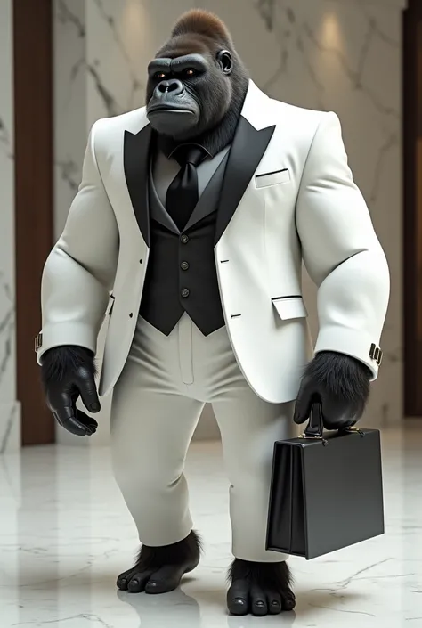 Make a gorilla dressed in a white suit with black details