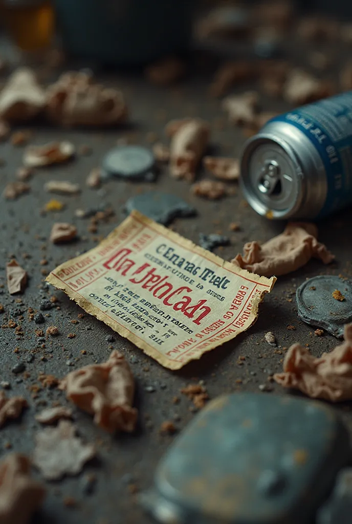 a used concert ticket, A cut ticket from a rock concert, on a dirty and worn floor, let us notice the passage of time, Next to garbage, Of beer cans, Of dirt