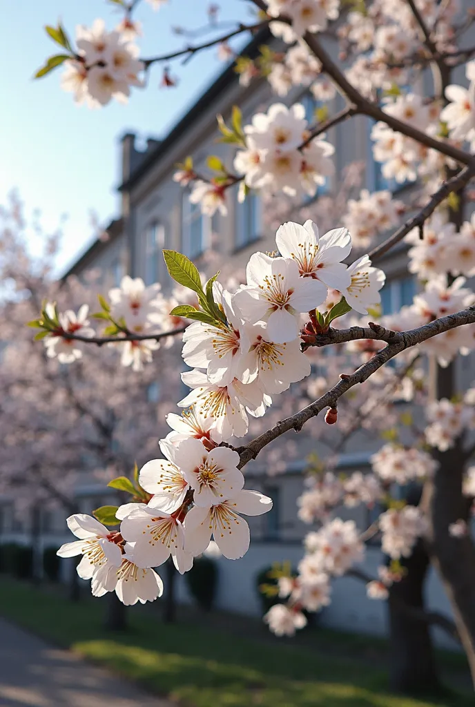 there is a tree with white flowers in front of a building, a picture by Alessandro Allori, reddit, mingei, cherry tree in the background, huge blossoms, nature growing around the city, detailed trees in bloom, with fruit trees, blossoming, white blossoms, ...