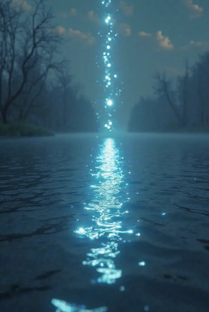 A line of laser symbols of runes on water reflecting