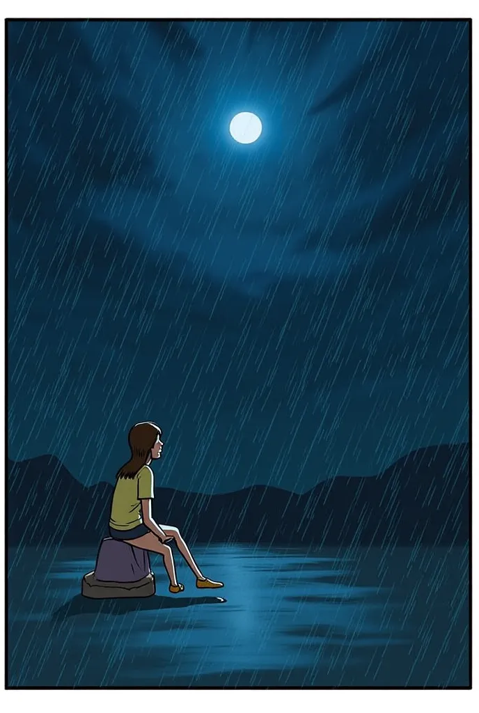 Make me a 6-page comic book page with this information: *Title:* "The stormy night"

*Page 1:*

- Panel 1: a girl, Lucia,  She's sitting in her room, looking out the window while Rain falls intensely. The moonlight is reflected on her face.
 - Narration : ...