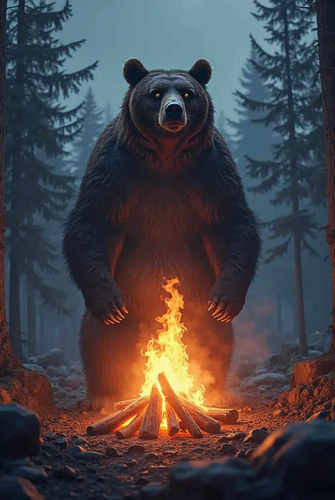 Bear standing in front of a burning fire