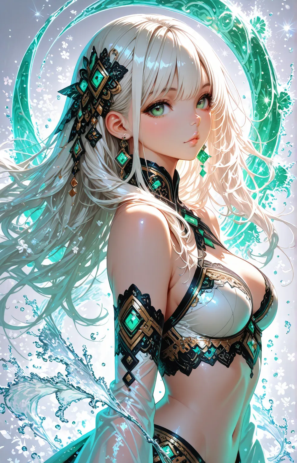 official art, unity 8k wallpaper, ultra detailed, beautiful and aesthetic, High quality, beautiful, masterpiece, best quality, (zentangle, mandala, tangle, entangle:0.6), 1girl, solo, long hair, green eyes, white hair, hair ornament, detached sleeves, midr...