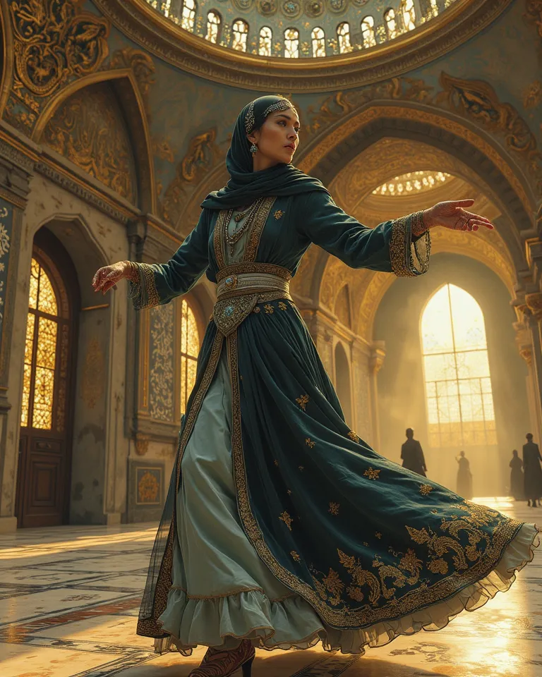 Award-winning hyper-realistic masterpiece in Don Lawrence’s style: A modest Chechen Lezginka Dancer mid-twirl in a Majestic Hall, clad in a full-coverage traditional costume honoring Islamic modesty. Floor-length navy-blue velvet dress with high neckline a...