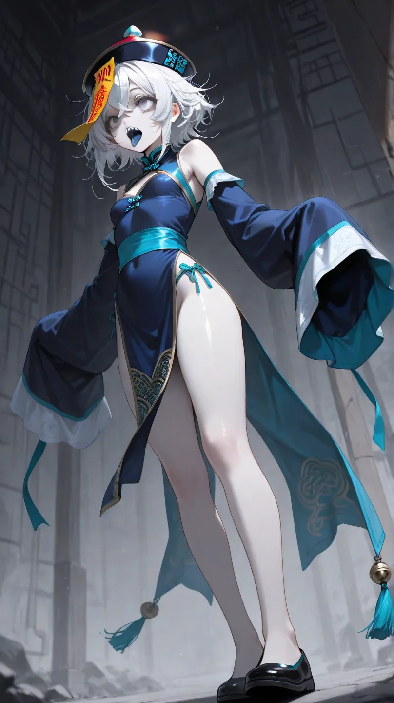 Chinese clothes, detatched sleeves, bare shoulders, hat, jiangshi, long sleeves, sleeves past fingers, very long sleeves, ofuda, qingdai guanmao, {medium hair}, white hair, crossed bangs, pale skin, dark blue tongue, white eyelashes, grey eyes, empty eyes,...