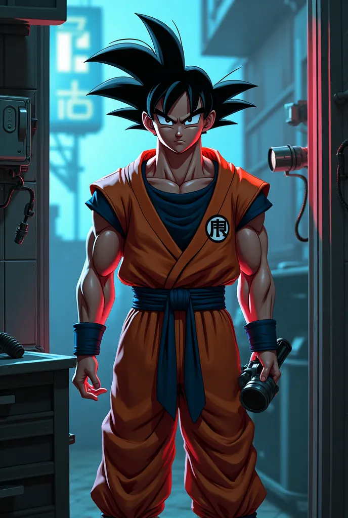 GOKU ANIME WITH A SECURITY CAMERA IN HIS HANDS AND A TOOLBOX IN AN APARTMENT ,GOKU WITH A WORK JACKET ON THAT THIS IS THE HIKVISION LOGO.  AND THAT IT HAS A TOOLBOX. 