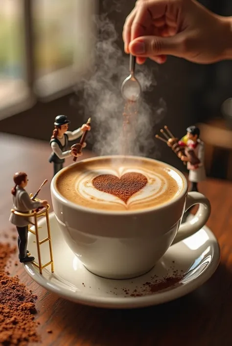 Barista’s Masterpiece – A giant cappuccino being carefully assembled by tiny baristas. One stirs the frothy milk with a long spoon, another sprinkles cocoa powder from a scaffold, while a miniature artist carefully carves a latte art heart with a delicate ...