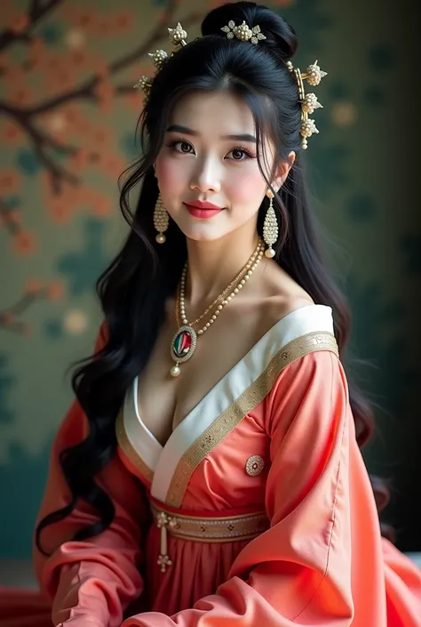 An Award Winning Portrait of a confident beautiful Asian woman with long black wavy hair in a loose updo, dressed in a beautiful diamond traditional koream hanbok  flowy layered dress, big breasts,  big boobs, busty, knee-high boots, cat eye make-up,  beau...