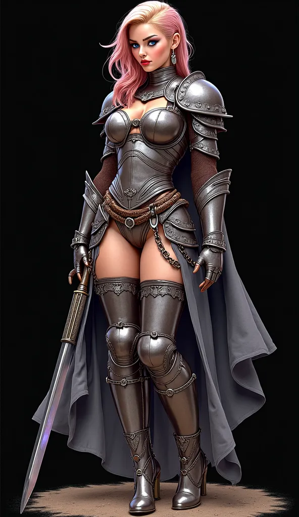 hyper realistic ,best quality,sexy,nice body,  watercolor drawing, masterpiece, detailed, warrior girl, random haircut, random color hair, chainmail, armor, plate high heel boots, huge breasts, perfect face, beautiful face, fantasy, ((full body)), (((black...