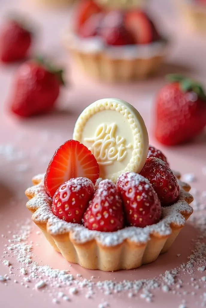 Strawberry tartlet with a delicate and elegant decoration with a personalized white chocolate medal with the Lyni tartelets brand