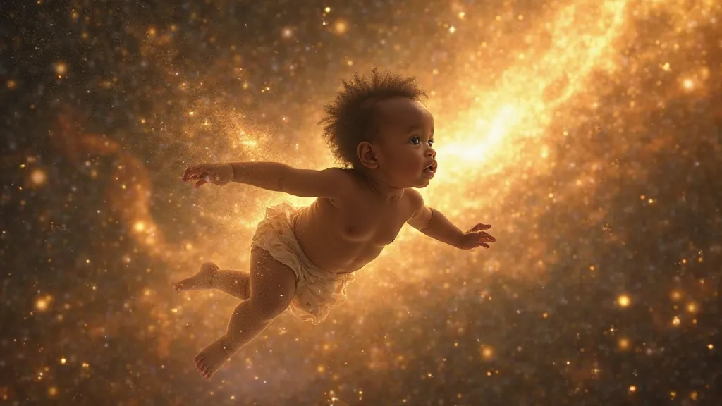 
A Congolese baby that flies majestically as a golden cosmos ether in the galaxy 