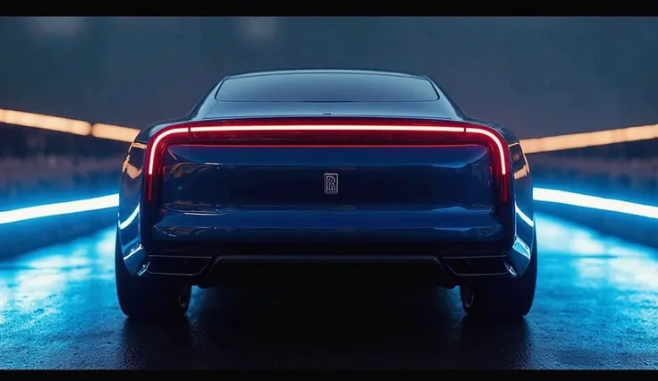 "A rear-angle view of the Rolls-Royce Electric Concept (2026) in Deep Midnight Blue, showcasing its futuristic LED taillights with a signature light strip across the width. The sculpted bumper integrates seamlessly with the smooth, aerodynamic body. The Sp...