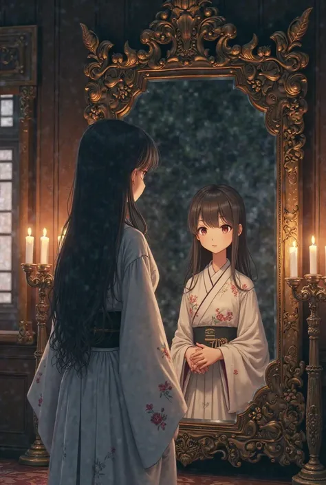 Generate an anime girl looking at herself in the mirror. Only her back can be seen and her reflection can be seen through the mirror and make the theme ancient.