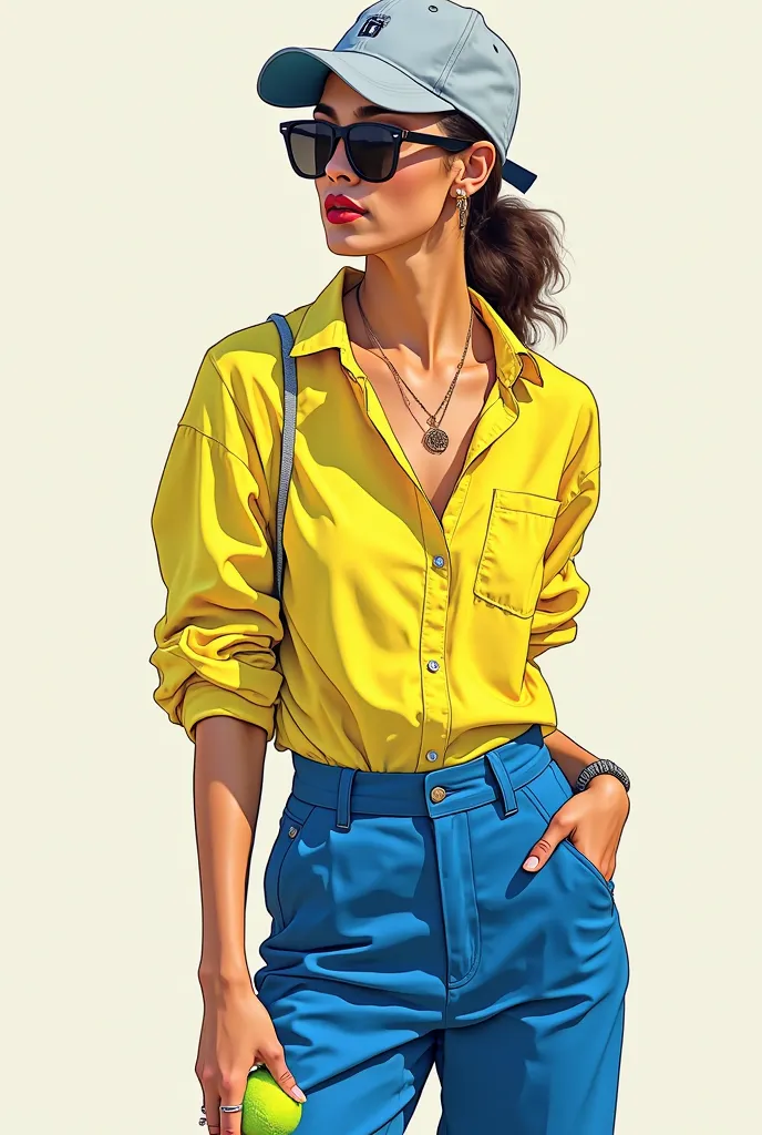 a drawing of a woman in a yellow shirt and blue pants holding a tennis ball, a digital painting inspired by Narashige Koide, tumblr, pop art, fashion illustration, fashion study, detailed fashion illustration, in style of digital illustration, fashion pose...