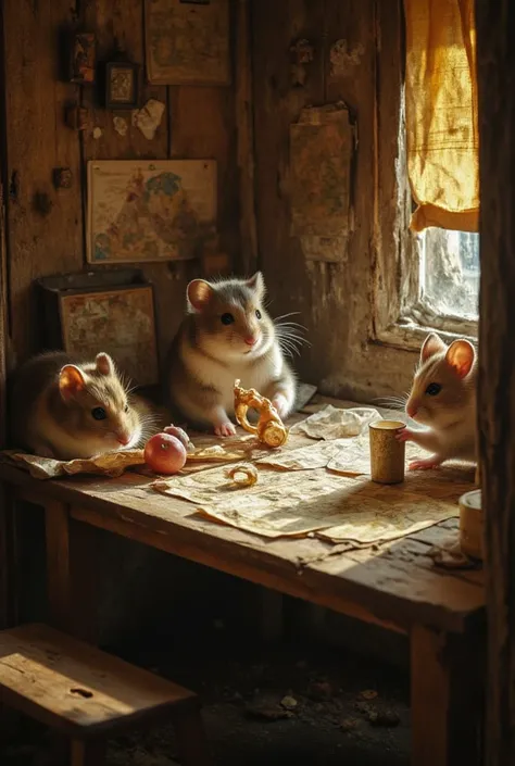 Adorable hamsters gathered around a miniature wooden table, examining detailed maps and blueprints while planning a secret uprising in a cozy underground hideout