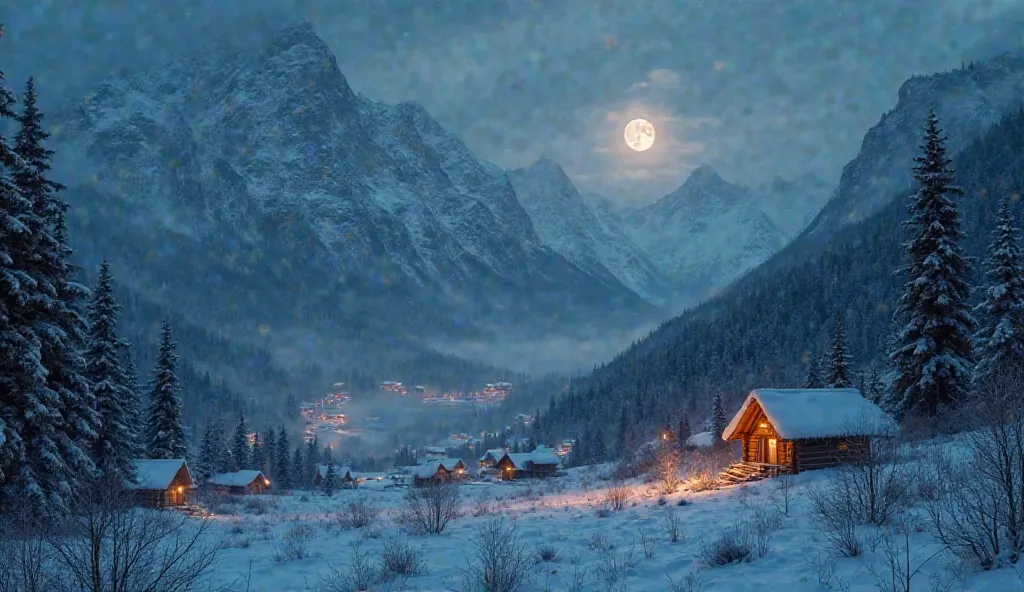 Surreal digital art, dreamy description of the field view in winter with low viewing angle.Distant view of the many cabin villages with warm lights,forest trees lake rock mountain,  quiet covered with snow. This style is impressive and fantastical with a h...