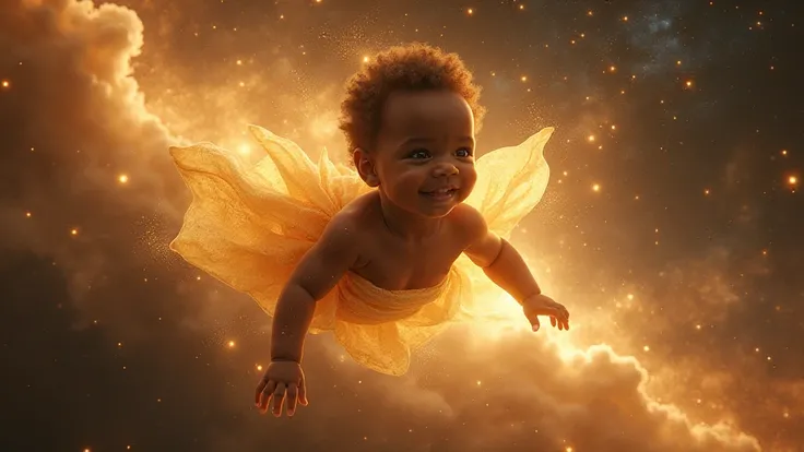 
A Congolese baby that flies majestically as a golden cosmos ether in the galaxy 