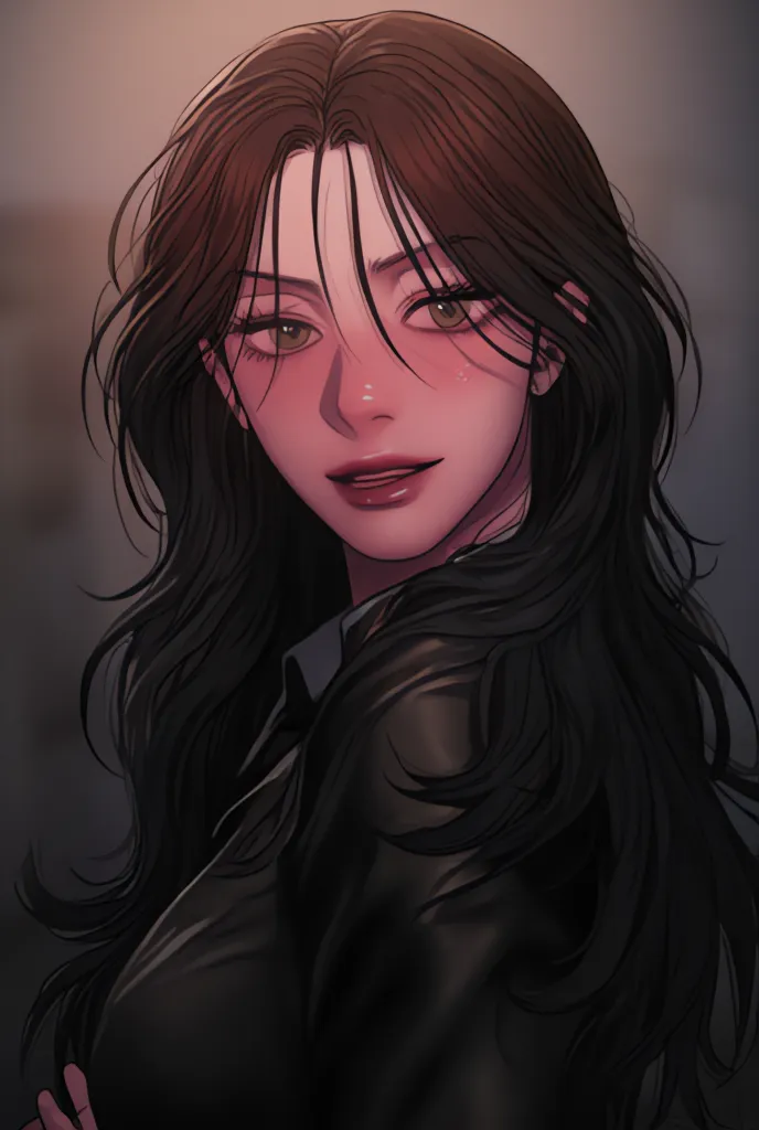 1 woman, mature female, sharp looks, long wavy black hair, glossy lips, green eyes, black leather jacket, with a black blouse underneath, standing straight with her hands behind her back