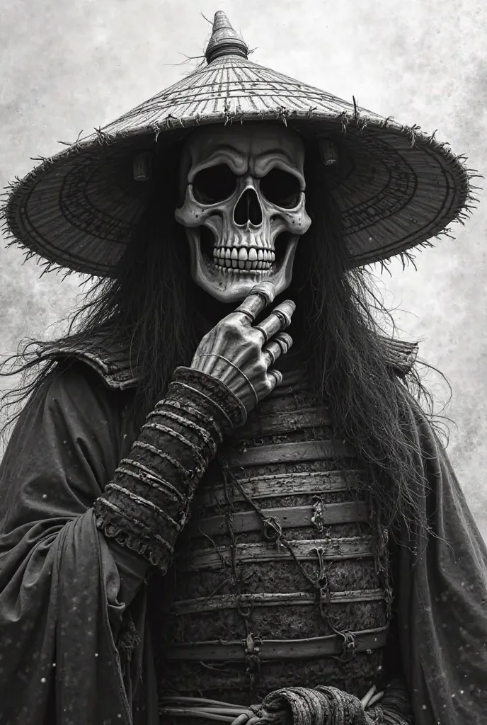 A skull-faced samurai warrior wearing a straw hat and samurai armor, removing a hannya mask from his face. Hyper-detailed in black and white, meticulously shaded to capture realistic depth, soft light reflections, and high-contrast realism. The background ...