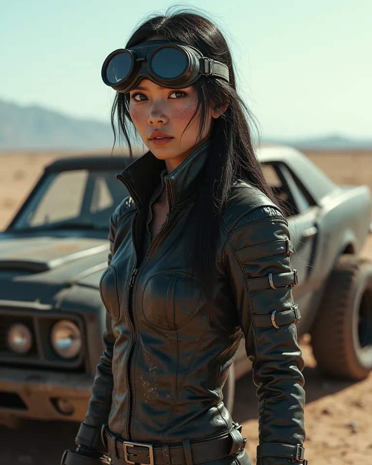 Japanese woman, dirty rugged look, mad max images, In the wasteland, Rider&#39;s jacket with protectors, big oversized black leather goggles, with thick steel frames, Standing next to a beat-up black supercharged car, boots, Determined, Face Paint; 8K, Rea...