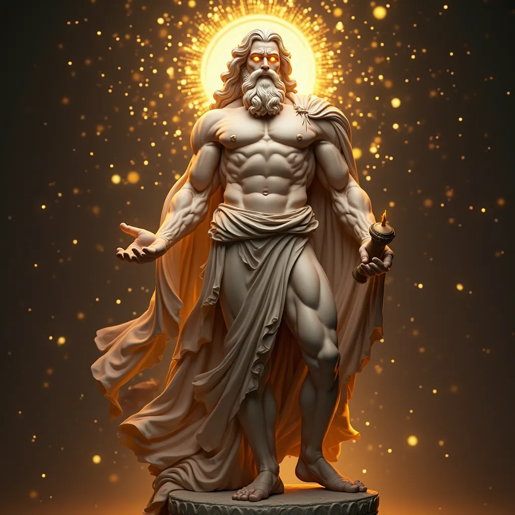 "A hyper-realistic statue of Zeus with a muscular physique, glowing eyes, and a flowing toga. He stands with a divine aura, illuminated by a celestial golden halo. His right hand is extended forward, palm open, as if bestowing a blessing, while his left ha...