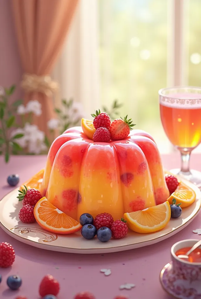 Create the image of a jelly with fruits on a tray (  Disney style