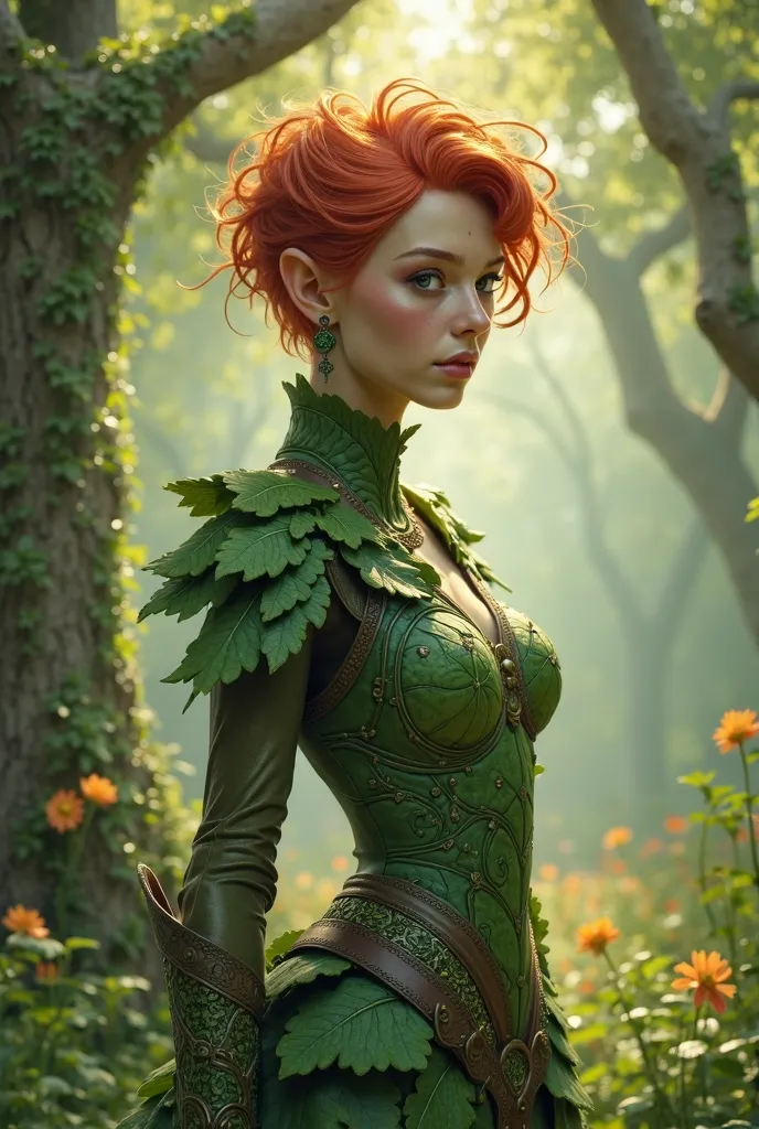 Leprechaun woman with greenish skin, armor and sheet of leaves, short red hair 