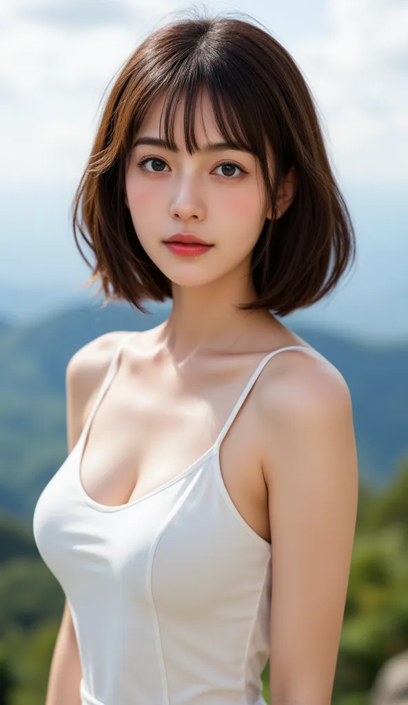 prompt: Delicate, Her heartfelt perfect face and light smile、I'm standing in front of a summer morning landscape on a lush plateau. You can see a sea of clouds in the background. Her medium brown hair with short bangs、She sways gracefully in the soft light...