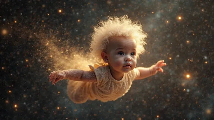 
A Congolese baby what as a golden cosmos aether in the galaxy flies majestically with platinum blonde hair 