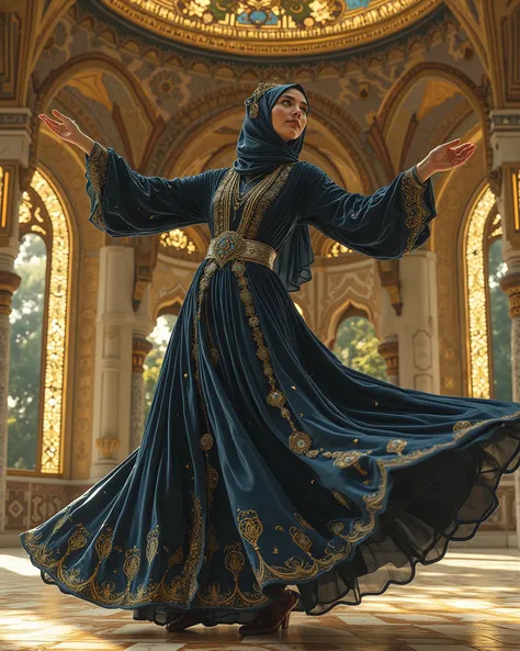 Award-winning hyper-realistic masterpiece in Don Lawrence’s style: A modest Chechen Lezginka Dancer mid-twirl in a Majestic Hall, clad in a full-coverage traditional costume honoring Islamic modesty. Floor-length navy-blue velvet dress with high neckline a...