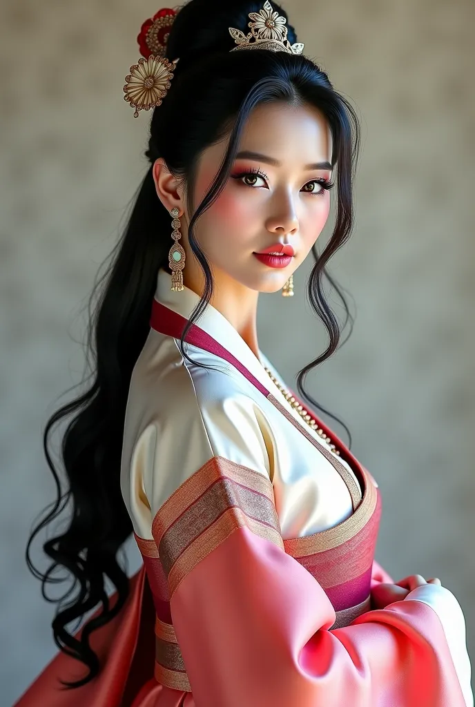 An Award Winning Portrait of a confident beautiful Asian woman with long black wavy hair in a loose updo, dressed in a beautiful traditional koream hanbok big breasts,  big boobs, busty, knee-high boots, cat eye make-up,  beautiful eyes and face, intricate...