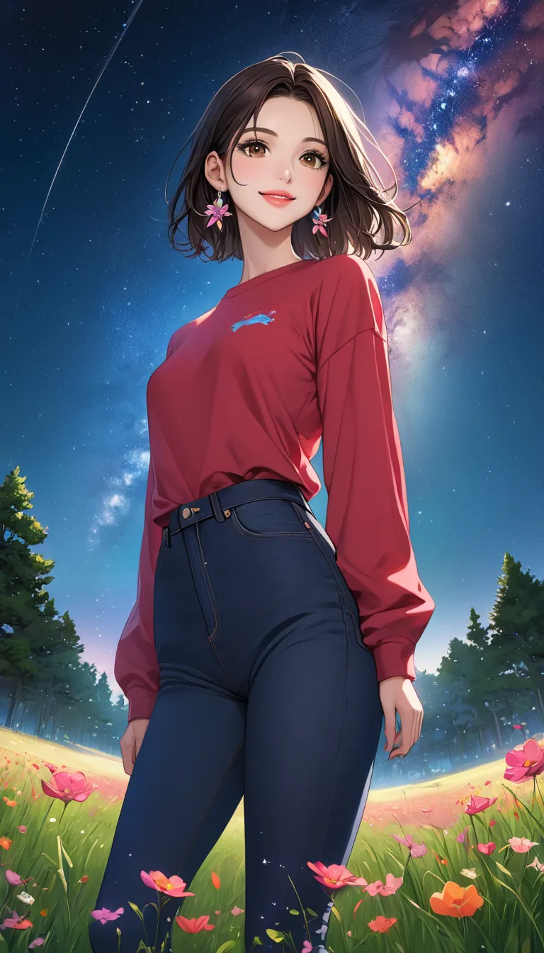 (masterpiece, highest quality, 8k, High Resolution), 1 young woman, beautiful face, thin, slender, long, beautiful brown eyes, pink lips, Beautiful Nose, Draw brown black bob hair , Perfect face , perfect style, smile,  best anime girl , earrings, red long...