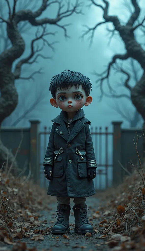 A young boy in the stop-motion style, hand-sculpted, with a slightly unsettling and expressive look. His eyes are smaller than normal, conveying a deep and observant gaze. His face has a hand-sculpted and painted texture, with subtle details that highlight...