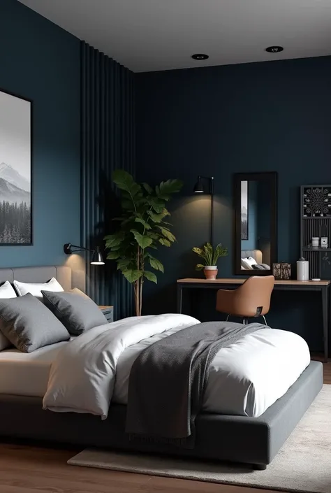 Hello friend how are you, can you generate an image of a bedroom for a single man with the walls painted in navy blue with a queen size bed with base, gray comforter and cushions and white pillows , with a dressing table a screen and a wardrobe, if you are...