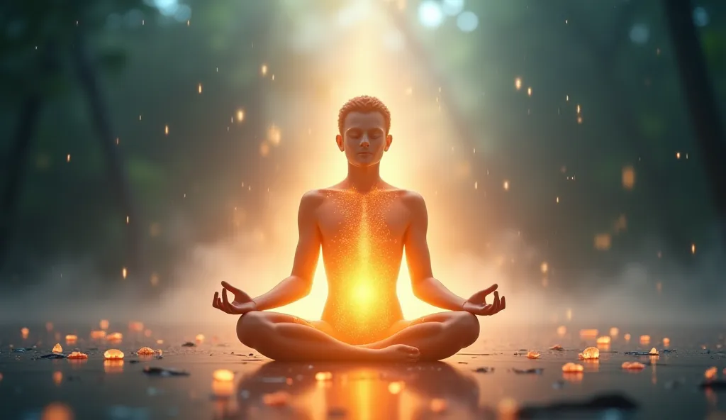 A person meditating or in deep contemplation, with soft, radiant light flowing from their body, symbolizing spiritual transformation. The energy around them is peaceful and rejuvenating, reflecting inner youth and spiritual rebirth."