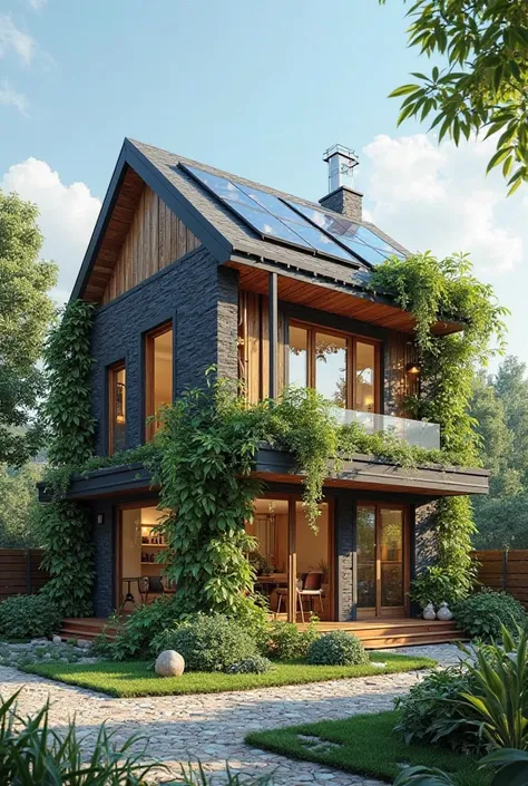 make me a two-story house that has dark rectangular solar panels on the roof and that are oriented towards the sun, that has a roof garden with vegetation, that covers part of the roof, that it has large windows, that it has a vertical garden with plants t...