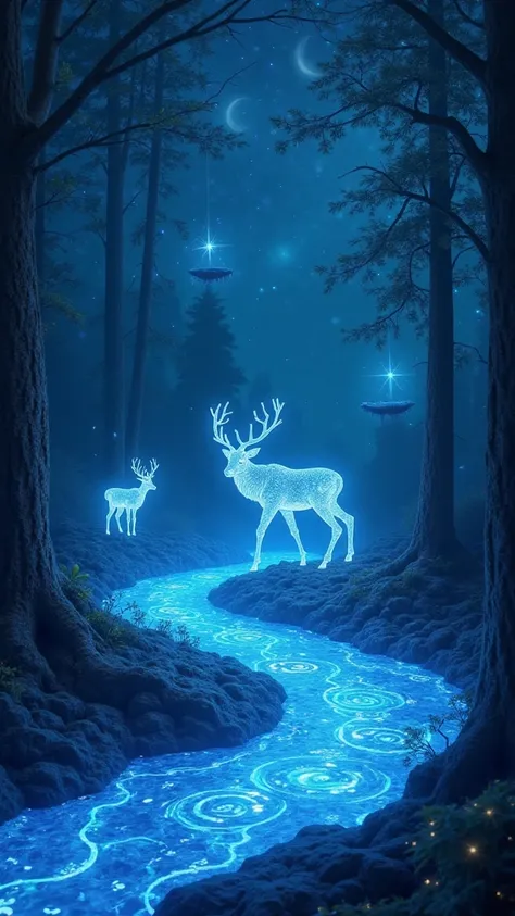 “A magical nighttime landscape featuring a glowing blue river flowing through an enchanted forest. Ethereal deer made of light walk along the riverbanks, their bodies shimmering with mystical energy. The river is infused with glowing magical runes and symb...