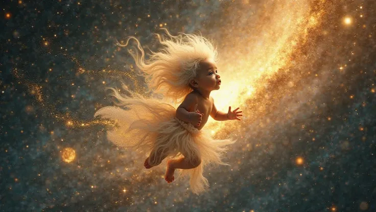 
A Congolese baby what as a golden cosmos aether in the galaxy floats majestically with platinum blonde hair 