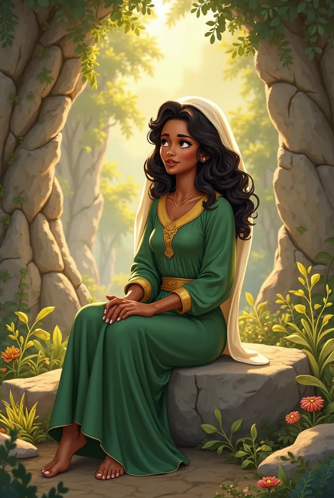  ANIMATED DISNEY-LIKE IMAGE OF A STONE CAVE COMPOSED OF TREES, shrubs and flowers. WARM LIGHTS OF THE DAY. SITS ON A LARGE STONE A FEMININE BRUNETTE WEARING A LONG MUSCO GREEN TUNIC AND GOLD DETAILS THE TUNIC THAT COVERS HER FEET, YOUR HANDS ARE A SIGN OF ...