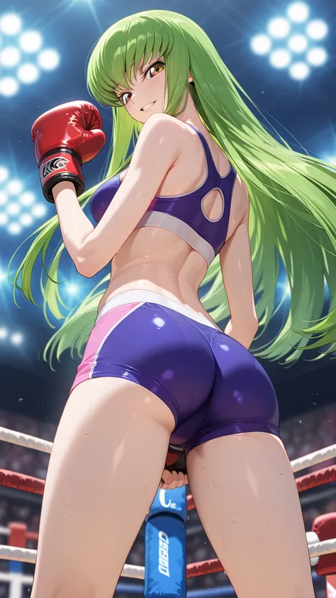 1girl, C.C., Code Geass, Detailed eyes, sports bra, sports very short spats, fingerless gloves, thigh, cleavage, slim long legs, medium breast, Perfect body, grinning, Detailed eyes, Detailed face, (cowboy shot, from behind, from below), looking at viewer,...