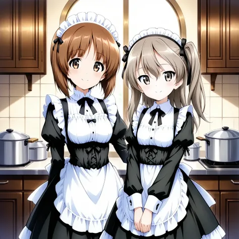 highest quality、High Resolution、 two girls、 front shot 、is standing、Shimada Arisu,smile,(brown eyes), long hair, light brown hair , indoors、kitchen、Victorian Maid Costume、Nishizumi Miho 