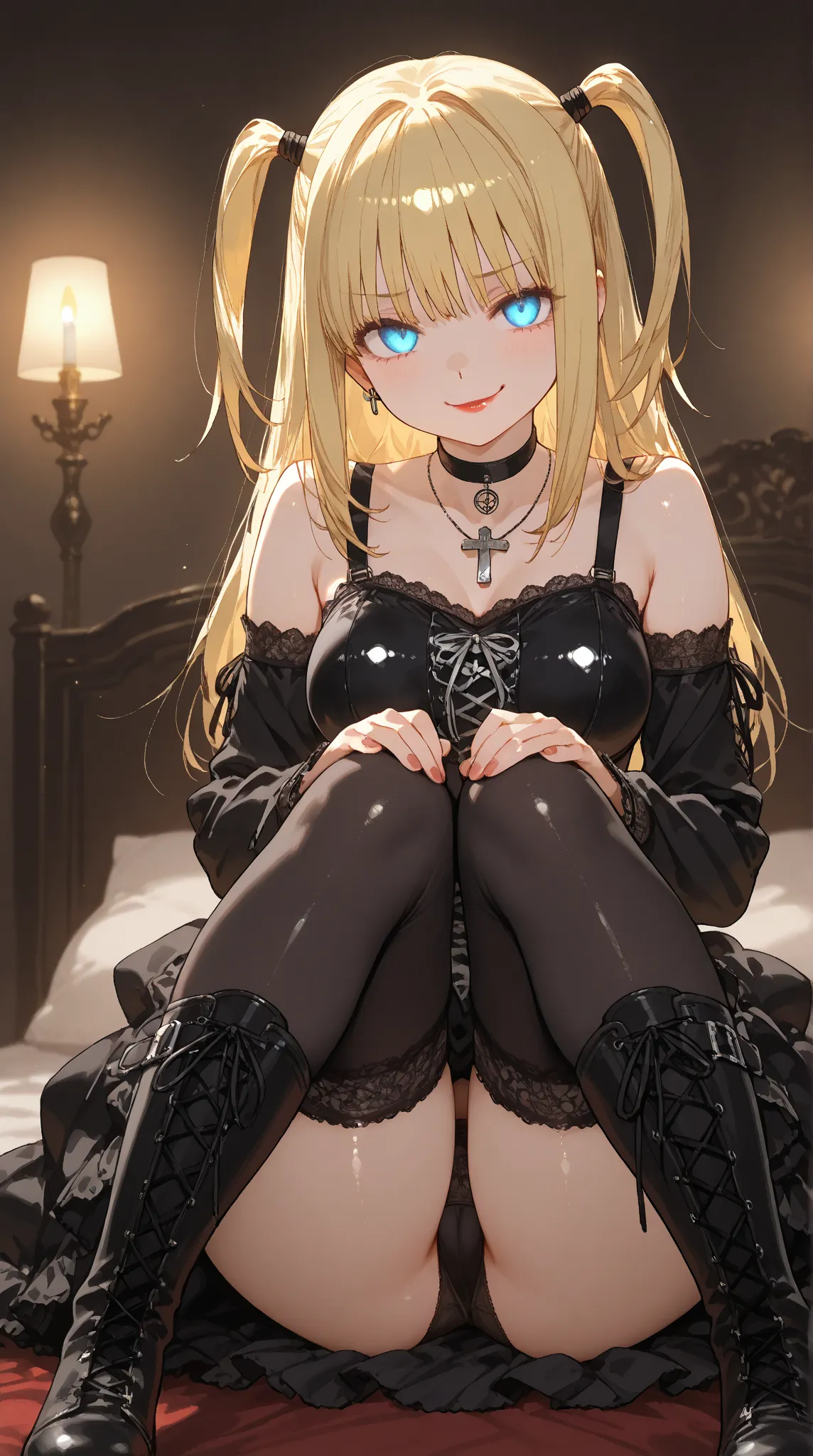 amane misa, 1girl, blonde hair, blue eyes, bangs, long hair, two side up, red lips, gothic,lolita fashion, black dress, black choker, black detached sleeves, cross necklace, black thighhighs, black lace-up boots, lie in front, (((panties at knees))), no pa...