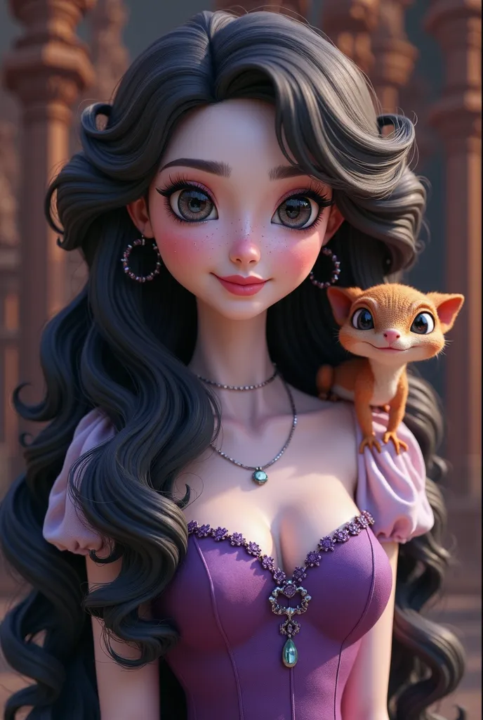 Create an animated white-skinned princess with black hair with lots of churos,  black eyes, purple dress and a green lizard like Rapunzel's on the shoulder